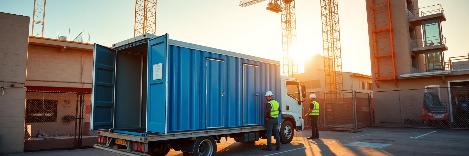 Porta potty delivery truck at a construction site