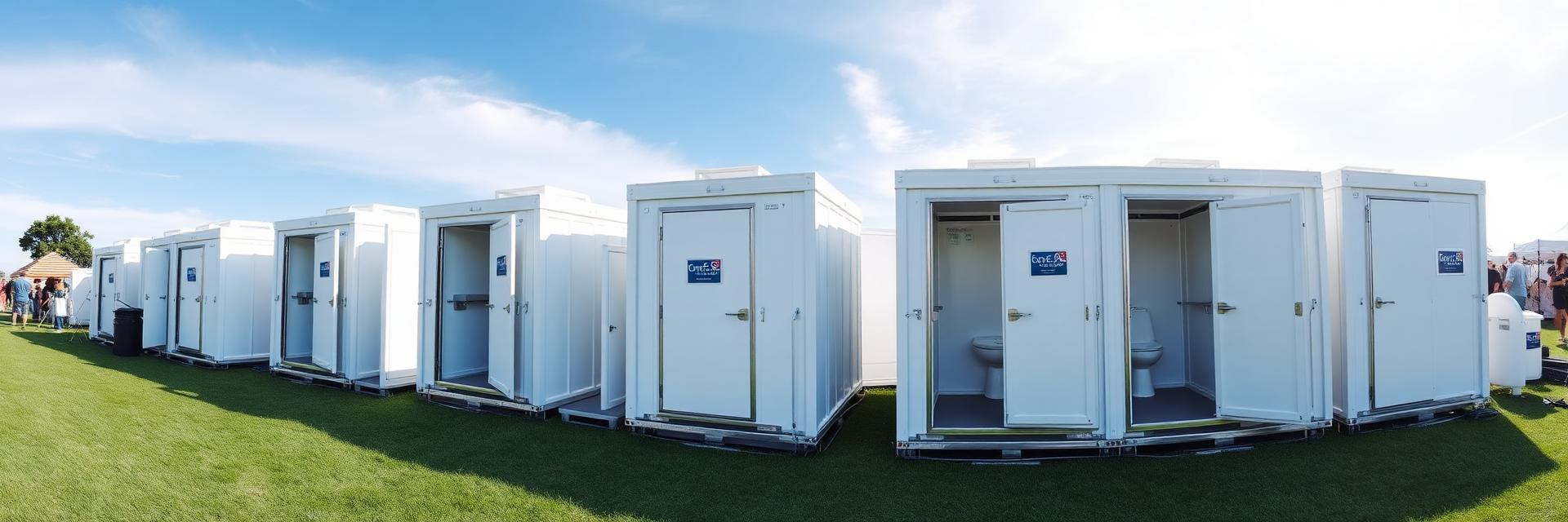 Row of deluxe white restrooms at an outdoor event